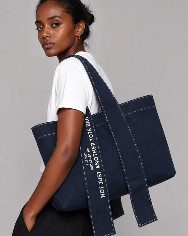 Sötétkék OBIRI Studio vászon tote táska „Not just another tote bag” felirattal, modellen